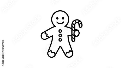 Gingerbread man icon holding a candy cane, black outline, festive treat isolated on white background, Vector