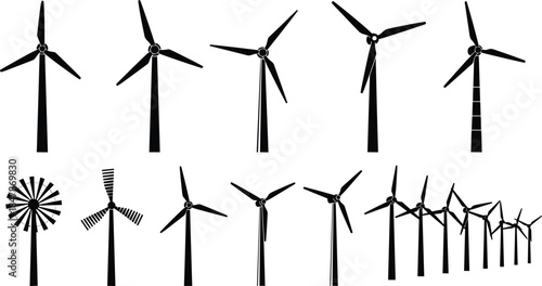 Set of Wind Turbine and Windmill Silhouettes Showing Renewable Energy Power Generation Isolated on White Background Vector Illustration