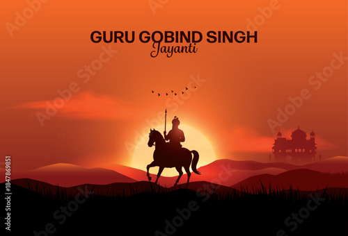 Creative vector illustration of guru gobind singh silhouette design with golden temple for Guru Gobind Singh Jayanti celebration.