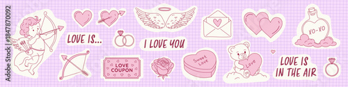 Vector love stickers set for Valentine's Day, creative print concept with hand-drawn doodle icons.Holiday romantic design elements,cute cupid,heart,wings,rings, bear toy, rose for web, graphic,digital