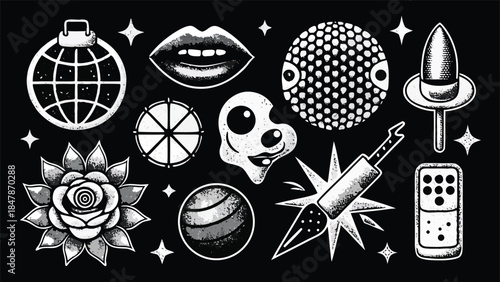 A black and white drawing featuring an assortment of various objects arranged artistically on a plain background..eps