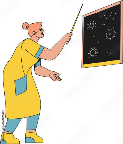 An educator presenting information on a blackboard with a pointer stick in a classroom setting