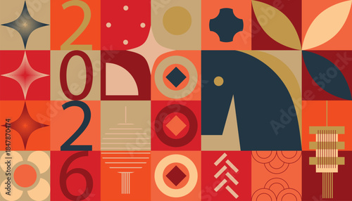 Chinese New Year Horse zodiac vector geometric pattern set. Red and gold lunar festival background with abstract symbols for greeting cards, posters, packaging, wallpaper and decorative design.