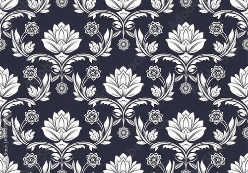 Elegant Navy Damask Floral Pattern Wallpaper Tile Design For Home Decor And Fashion