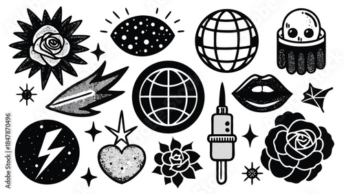 A detailed black and white illustration showcasing a collection of diverse objects in a creative composition..eps
