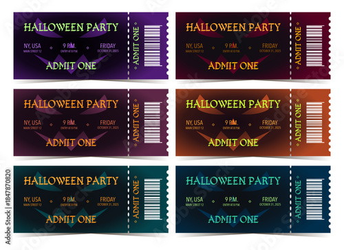 Set of Halloween party tickets template with character and event details