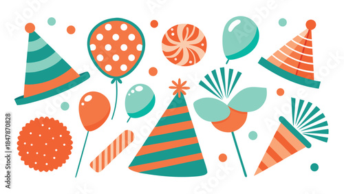 Colorful party hats arranged on a white background, featuring a variety of designs and bright hues..eps