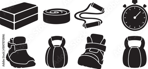 Boxing workout gear and equipment icons