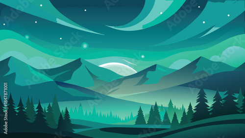 The aurora borealis illuminates the night sky with vibrant green and purple waves of light..eps