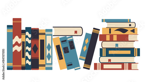 Stylized bookshelf with upright and stacked books vector illustration