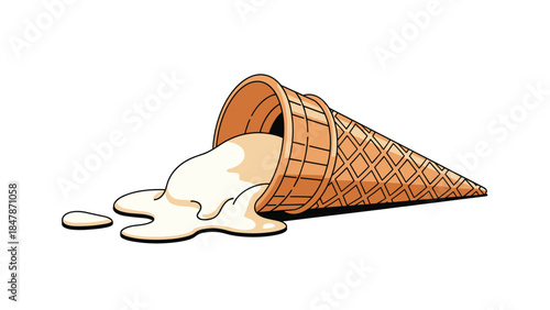 Tipped over ice cream cone with melted vanilla vector illustration
