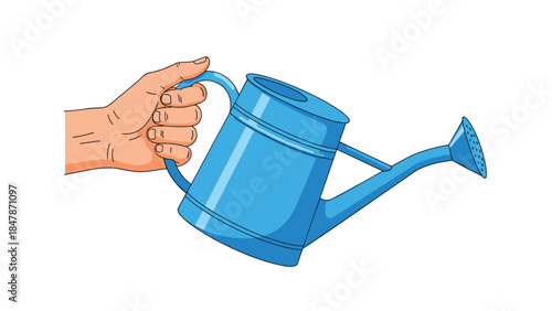 Hand holding blue watering can pouring water vector illustration