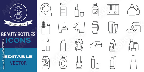 Beauty bottles line icon set symbol collection. Set of 24 icons related to product, skincare, cosmetics services, skin care, template, signs, lifestyle, hair care, makeup and more. Editable stroke.