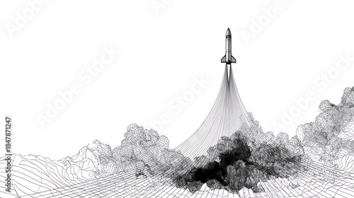 Space shuttle launch illustration over abstract landscape on white background