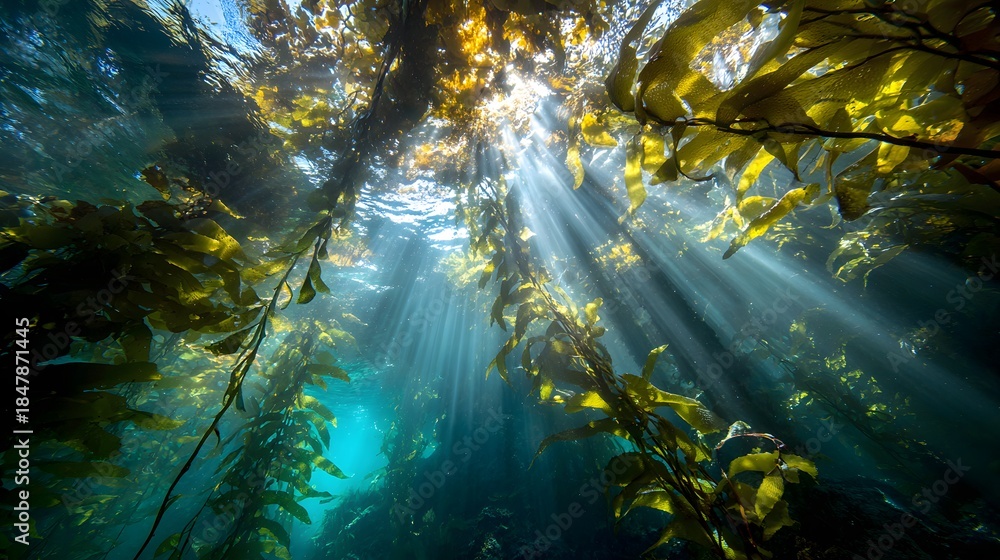 Fototapeta premium Sunlight Beams Through Underwater Kelp Forest Ecosystem.
