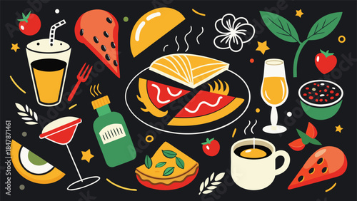 An array of food items on a black background, highlighting diverse shapes and colors of fruits and snacks..eps