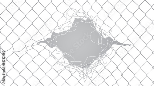 Broken chain link fence with a large hole ripped open against a stark black background graphic