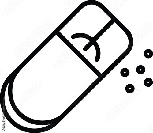 Simple line art icon of a pharmaceutical capsule with small dots representing medication