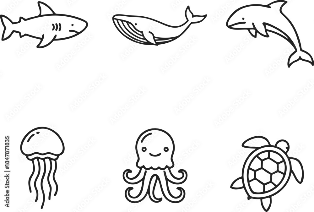 Fototapeta premium Marine Life Line Art Illustration, Cute Sea Animal Icons and Ocean Creature Outlines