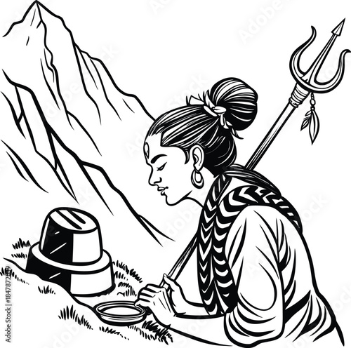 A divine figure in meditation with a trident, contemplating an offering near a sacred shrine in the mountains