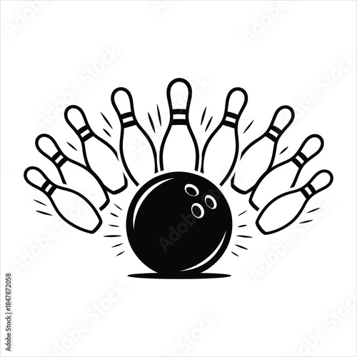 Bowling Strike Symbol with Ball and Pins in Black Silhouette on White