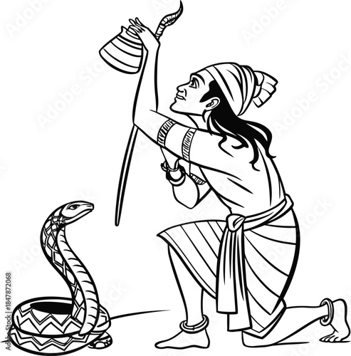 A traditional snake charmer captivating a coiled cobra with a pungi instrument