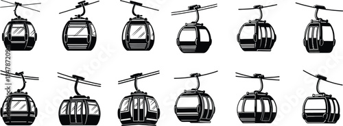 Collection of various cable car cabins shown in black and white