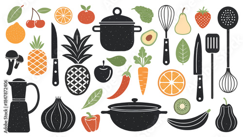 Vibrant kitchen utensils and fresh produce illustration