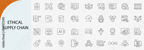 ethical supply chain icon set with sustainability and fair trade, minimal line vector design