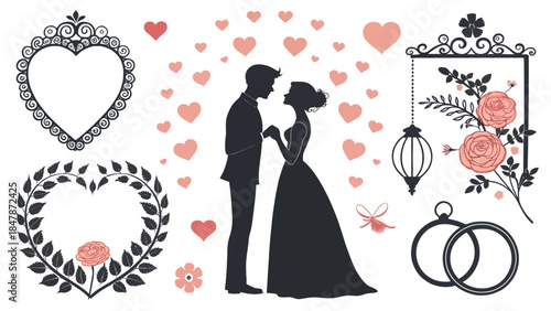 Romantic wedding couple silhouette with hearts and flowers
