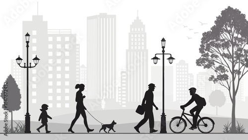 Urban city life with people walking and biking downtown