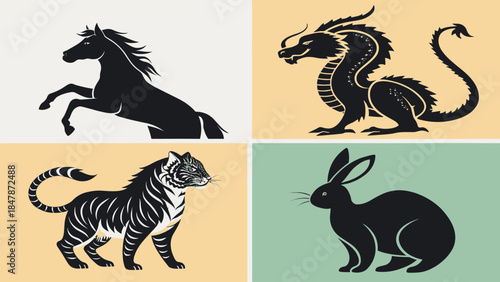 Mythical and wild animals in modern graphic designs