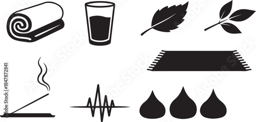 Black icons of everyday objects and nature elements