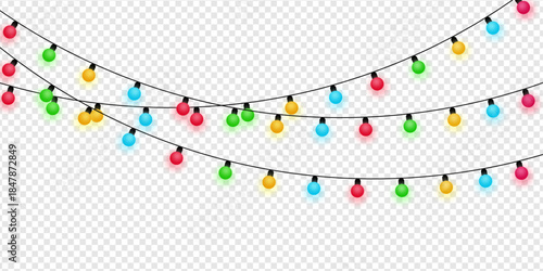 garlands, festive decorations. Glowing lights isolated on transparent background