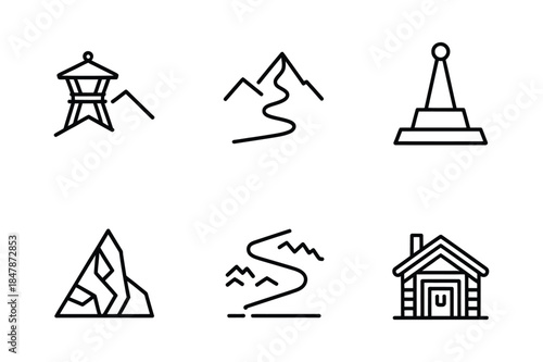 A collection of six minimalist line icons depicting outdoor scenery and landscape elements for design projects.