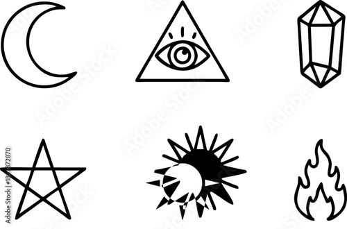 Set of Mystical and Occult Line Art Symbols and Icons