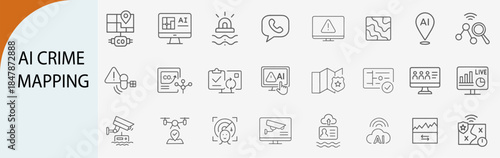 ai crime mapping icon set with surveillance and data tracking, minimal line vector design