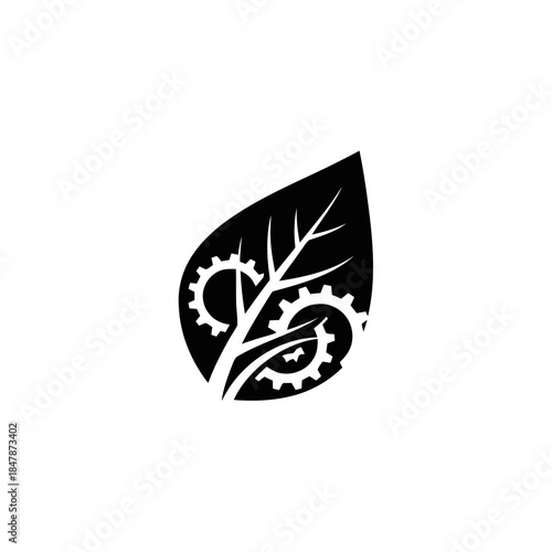 Leaf with gears inside representing eco-friendly technology.