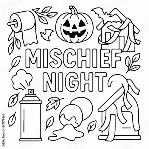 Mischief Night Halloween Pranks Line Art Illustration