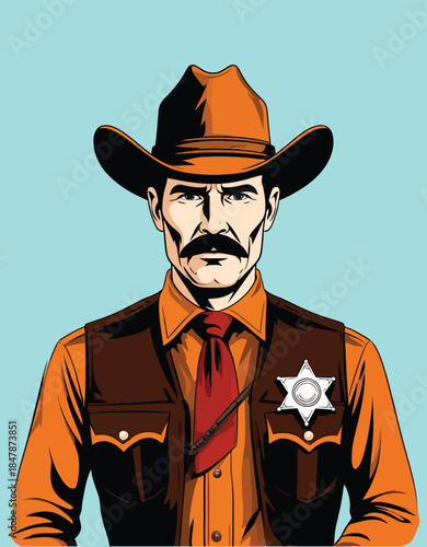055-45-Cowboy sheriff wearing a brown hat and vest with a red tie and badge, vector style