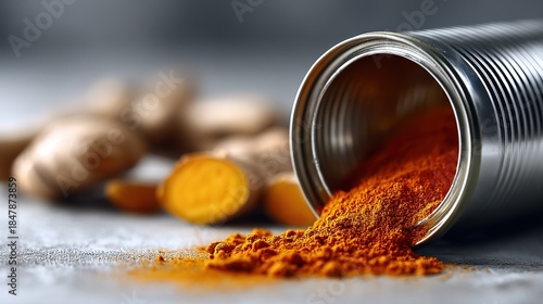 White-backdrop studio natural-light shot: open tin spewing ginger powder beside fresh root & scattered dust, hyper-real hi-res for spice e-commerce hero or food-mag cover