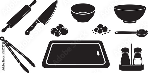 Black kitchen utensils and tools on white background