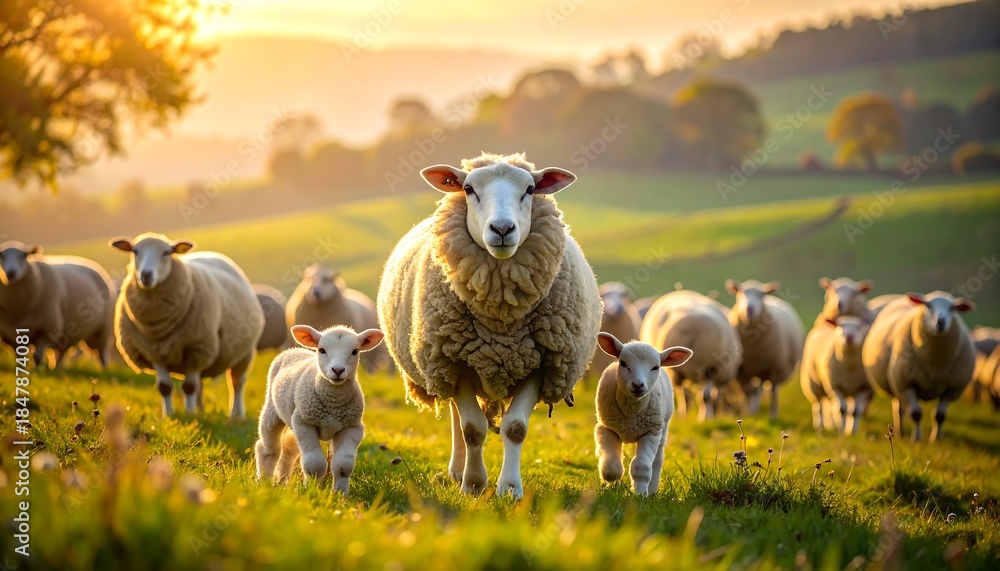 Fototapeta premium Sheep Flock in a Sunny Meadow.