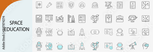 space education and astronomy icons, clean line vector set