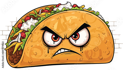 Furious taco cartoon character gritting teeth. Mexican food mascot with red angry eyes