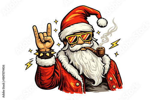 Vector illustration of a rock‑and‑roll Santa Claus smoking a pipe, sporting a beard and a funky hat, perfect for a Christmas hipster poster, party or greeting card, featuring a bad Santa Xmas poster