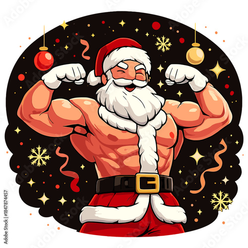 Confidently flexing, a muscular Santa Claus stands against a dark festive backdrop