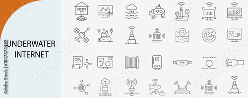 underwater internet and marine data icons, minimal line vector set