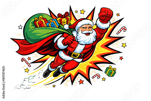 Santa Claus, now a superhero, spreads holiday joy with soaring flight and festive energy, presented as a pop‑art reinterpretation of a cherished Christmas figure