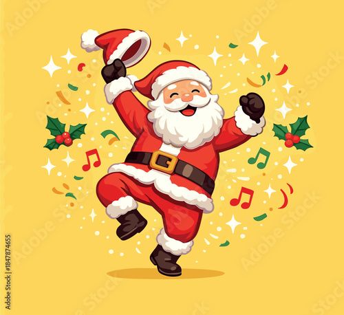 Santa in a red suit twirls with his hat lifted against a vivid yellow backdrop, creating a festive holiday atmosphere ideal for Christmas season advertising and family celebrations